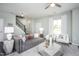 Spacious living room with gray sofa, white armchairs, and a modern coffee table at 393 Fosterton Cottage Way, Raleigh, NC 27603
