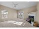 Living room with fireplace and access to deck at 1674 Snowmass Way, Durham, NC 27713