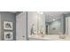 Modern bathroom with double vanity, neutral tones, and a large mirror at Tbd Channel Drop Dr # 94, Clayton, NC 27520