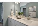 Double vanity bathroom with a large mirror and light gray walls at 156 Pinkie Ln, Garner, NC 27529
