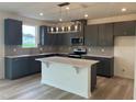 Modern kitchen with gray cabinets, island, and stainless steel appliances at 260 Chestnut Oak Ln, Lillington, NC 27546