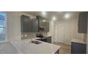 Modern kitchen with gray cabinets, quartz countertops, and stainless steel appliances at 2709 Princess Tree Dr, Raleigh, NC 27616