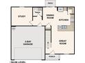 Main level floor plan, showing a study, kitchen, and great room at 5767 Waxwing Dr, Snow Camp, NC 27349
