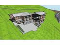 Aerial view of a modern house, highlighting its unique design and hillside location at 10397 Holt, Chapel Hill, NC 27517