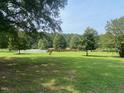 Spacious backyard with lush lawn and mature trees at 910 Vanco Mill Rd, Henderson, NC 27537