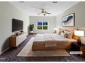 Virtually staged main bedroom with large window and plush carpet at 9 Oxmoor Dr, Durham, NC 27703