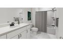 Modern bathroom with white vanity and shower/tub combo at 712 Portia Way, Homesite 11, Morrisville, NC 27560