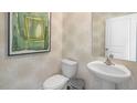 Stylish powder room with pedestal sink and unique patterned wallpaper at 6429 Alfalfa Ln, Wake Forest, NC 27587