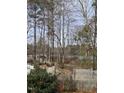 Wooded backyard with a view of a lake and a wooden fence at 928 Magnolia Ridge Way, Fuquay Varina, NC 27526