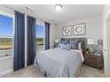Bright bedroom with a queen bed, large windows, and modern decor at 1510 Village Hall Ln # 44, Wake Forest, NC 27587