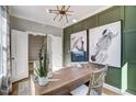 Home office with wood desk, green wall, and large artwork at 9516 Woodriver Dr, Zebulon, NC 27597