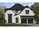 Two-story house with white brick, black accents, and a two-car garage at 307 S Elm St, Apex, NC 27502