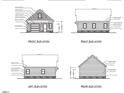 Detailed architectural drawings of a garage, showcasing front, rear, and side elevations at 175 Clear Springs Ct, Pittsboro, NC 27312