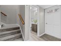 Carpeted stairs leading to upper level and bathroom at 12 Beech Tree Vlg, Sanford, NC 27332