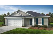 New construction home with gray siding, white garage door and teal shutters at 77 Frasier Fir Way, Lillington, NC 27546