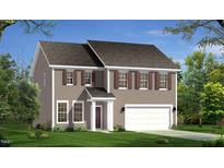 Two-story house with gray siding, burgundy accents, and a two-car garage at 579 Winding Creek Dr, Lillington, NC 27546