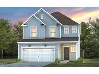 Two story light gray house with white garage doors at 2896 Huxley Way, Apex, NC 27502