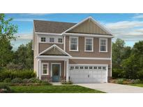 Two story home with beige siding, teal door and white garage door at 160 Blue Butterfly Dr, Angier, NC 27501