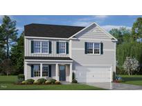 Two story home with gray siding, dark green shutters, and a two car garage at 6433 Alfalfa Ln, Wake Forest, NC 27587