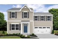 Two-story house with beige siding, a blue door, and a white three-car garage at 481 Autumn Moon Dr, Zebulon, NC 27597