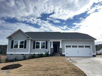 Gray vinyl-sided house with white garage door and landscaping at 172 Tulipfield Way, Benson, NC 27504