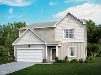 Two-story house with gray siding, white garage door, and landscaped lawn at 7351 Pilatus Ave, Spring Hope, NC 27882