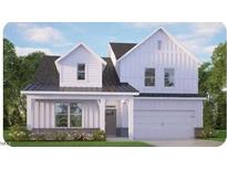 Two-story farmhouse style home with white siding, gray roof, and stone accents at 7537 Percussion Dr, Apex, NC 27539