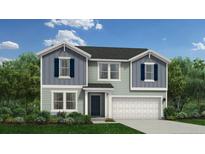 Two-story house with gray siding, navy shutters, and a two-car garage at 144 Bennington Way, Lillington, NC 27546
