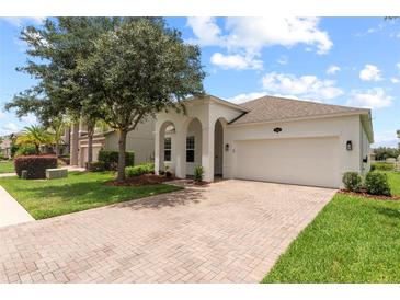 White house with arched entryway, paver driveway, and mature landscaping at 18901 Muhly Grass Ln, Lutz, FL 33558