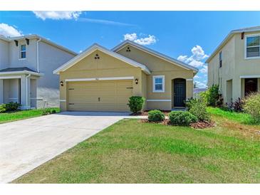 Tan house with two-car garage and landscaped yard at 3902 Willow Hammock Dr, Palmetto, FL 34221
