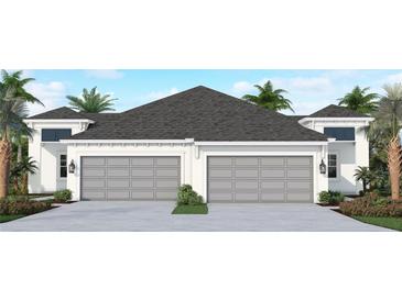 Two-car garage home with gray garage doors and white exterior at 11671 Great Brook Ln, Parrish, FL 34219