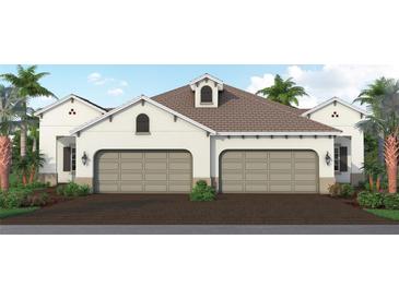 Two-car garage, attractive two-story home with brown roof and landscaping at 109 Corserra Dr, Nokomis, FL 34275