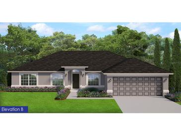 Rendering of a one-story house with gray siding and two-car garage at 5018 Wagon Wheel Dr, North Port, FL 34291