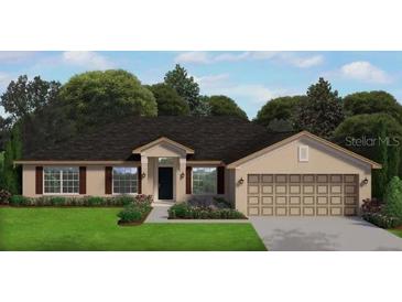 One-story home with a tan facade, dark brown roof and a two-car garage at 2634 Nowatney Ave, North Port, FL 34286