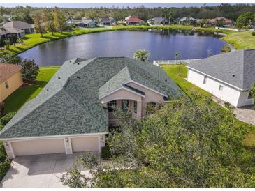 Aerial view of house, showcasing a large backyard and lake at 2603 River Woods Dr, Parrish, FL 34219