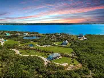 Aerial view of waterfront property with houses and lush greenery at 445 Horseshoe Loop Rd, Terra Ceia, FL 34250