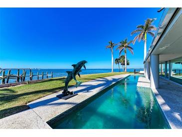 Long, refreshing pool with dolphin statue and waterfront view at 320 S Shore Dr, Sarasota, FL 34234