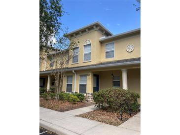 Two-story tan stucco townhome featuring decorative columns, manicured landscaping, and an inviting entrance at 209 Dragons Fire Pl, Valrico, FL 33594