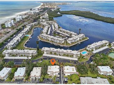 Aerial view of waterfront community, showcasing location and building details at 549 Sutton Pl, Longboat Key, FL 34228