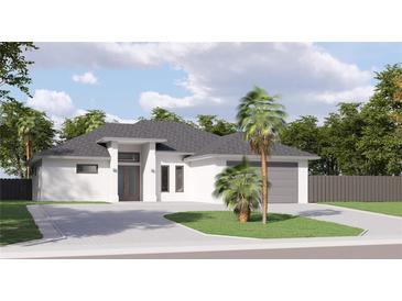 Contemporary home with gray roof, white walls, and palm trees at 18040 Quincy Ave, Port Charlotte, FL 33948
