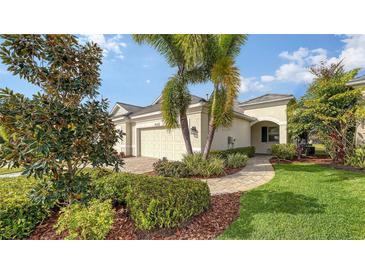 Landscaped front yard with palm trees and walkway leading to the house entrance at 7616 Alumni Trl, Sarasota, FL 34243