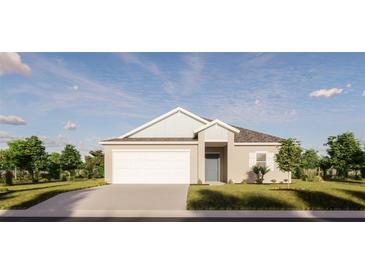 One-story house with a light beige exterior, white garage door, and landscaping at 13036 Cedar Elm Lane, Parrish, FL 34219