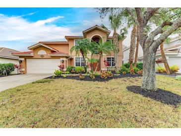 Two-story home featuring a well-manicured lawn with tropical landscaping, and a two-car garage at 223 Heritage Isles Way, Bradenton, FL 34212
