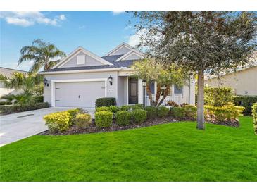 Charming single-story home with a well-manicured lawn, tidy landscaping, and an attached two-car garage at 10931 Blue Magnolia Ln, Parrish, FL 34219
