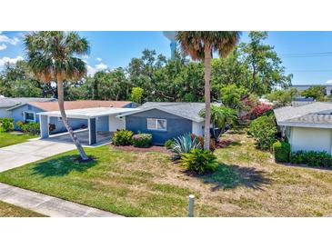 Charming single-story home featuring a carport, well-maintained lawn, and tropical landscaping with palm trees and shrubs at 2321 Terry Ln, Sarasota, FL 34231