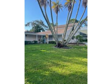 Charming single-story home featuring a lush green lawn and beautiful palm trees at 1804 Baywood Dr, Sarasota, FL 34231