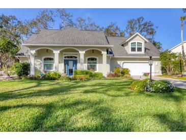 Charming home with a well-manicured lawn and inviting blue front door at 3301 River Woods Dr, Parrish, FL 34219