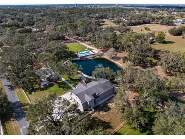 Expansive property featuring a house, private pond, pool, and lush greenery from an aerial perspective at 1228 Wagon Wheel Dr, Sarasota, FL 34240