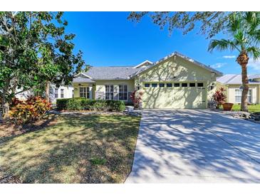 Inviting single-story home with manicured lawn, palm trees and a long driveway leading to an attached garage at 11744 Shirburn Cir, Parrish, FL 34219