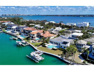 Aerial view of waterfront homes showcasing well-maintained properties, boat docks, and beautiful landscaping at 1339 Westway Dr, Sarasota, FL 34236